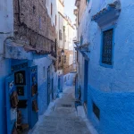 Blue-painted streets in Chefchaouen, Morocco’s famous Blue City in the Rif Mountains