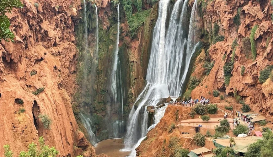 Ouzoud Waterfalls Morocco surrounded by green landscapes and olive trees
